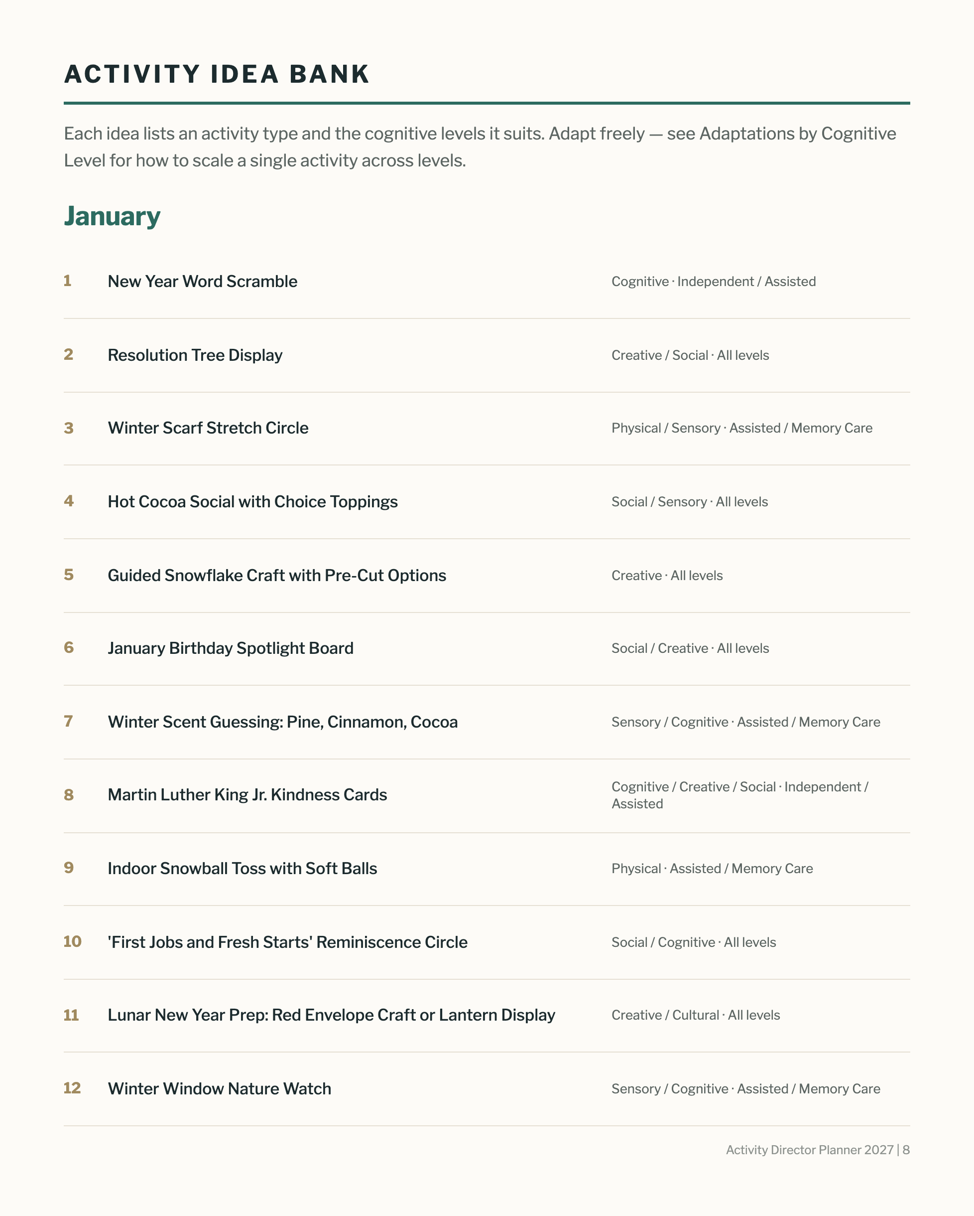 Activity idea bank showing ready-to-use seasonal programs