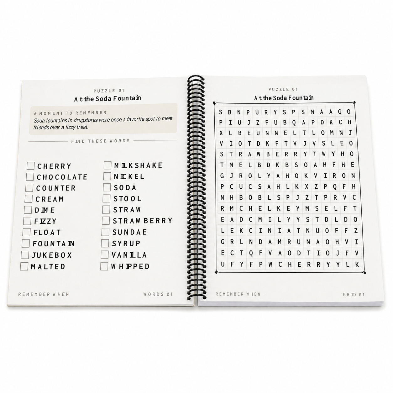 Remember When word search book opened flat with spiral binding