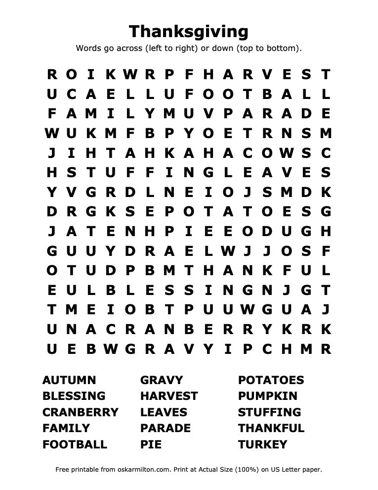 Thanksgiving word search puzzle page with a 15 by 15 letter grid and 15-word list