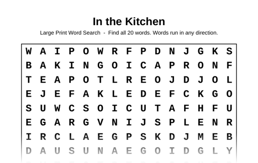 Preview of the In the Kitchen large print word search