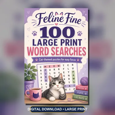 Cat Word Search PDF, 100 Large Print Puzzles, Printable Cat Lover Gift