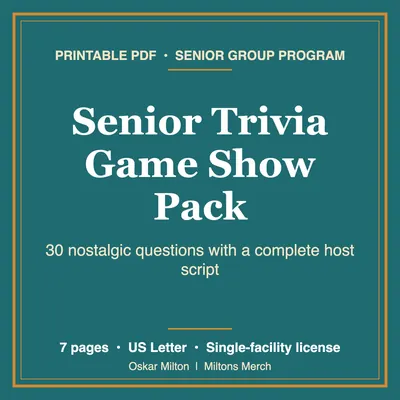 Senior Trivia Game Show, 30 Nostalgic Questions and Host Script, Printable PDF