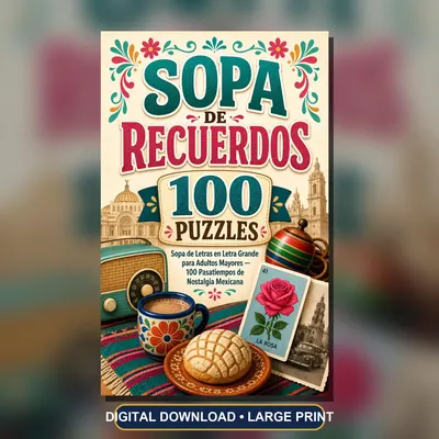 Spanish Word Search PDF, Sopa de Letras Letra Grande, 100 Nostalgia Puzzles