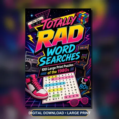 1980s Word Search PDF, 100 Large Print Gen X Nostalgia Puzzles, Printable