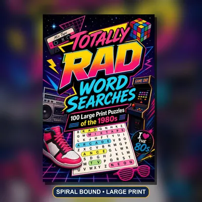 1980s Word Search Book, Large Print, Spiral Bound, 100 Gen X Nostalgia Puzzles