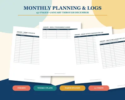 Activity Participation Logs, Undated Monthly Planner, Fillable PDF for Senior Living