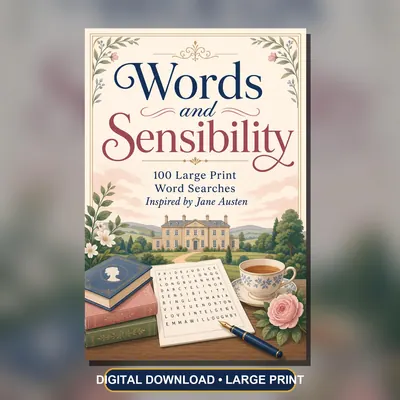 Jane Austen Word Search PDF, 100 Large Print Puzzles, Printable